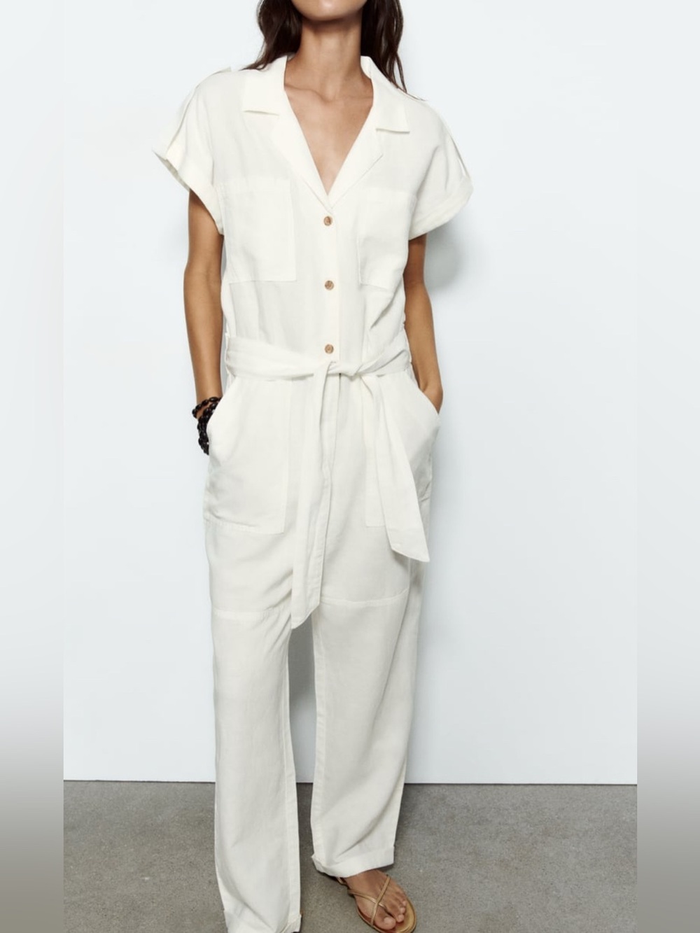 Zara Cream Button-Front Belted Short-Sleeve Jumpsuit